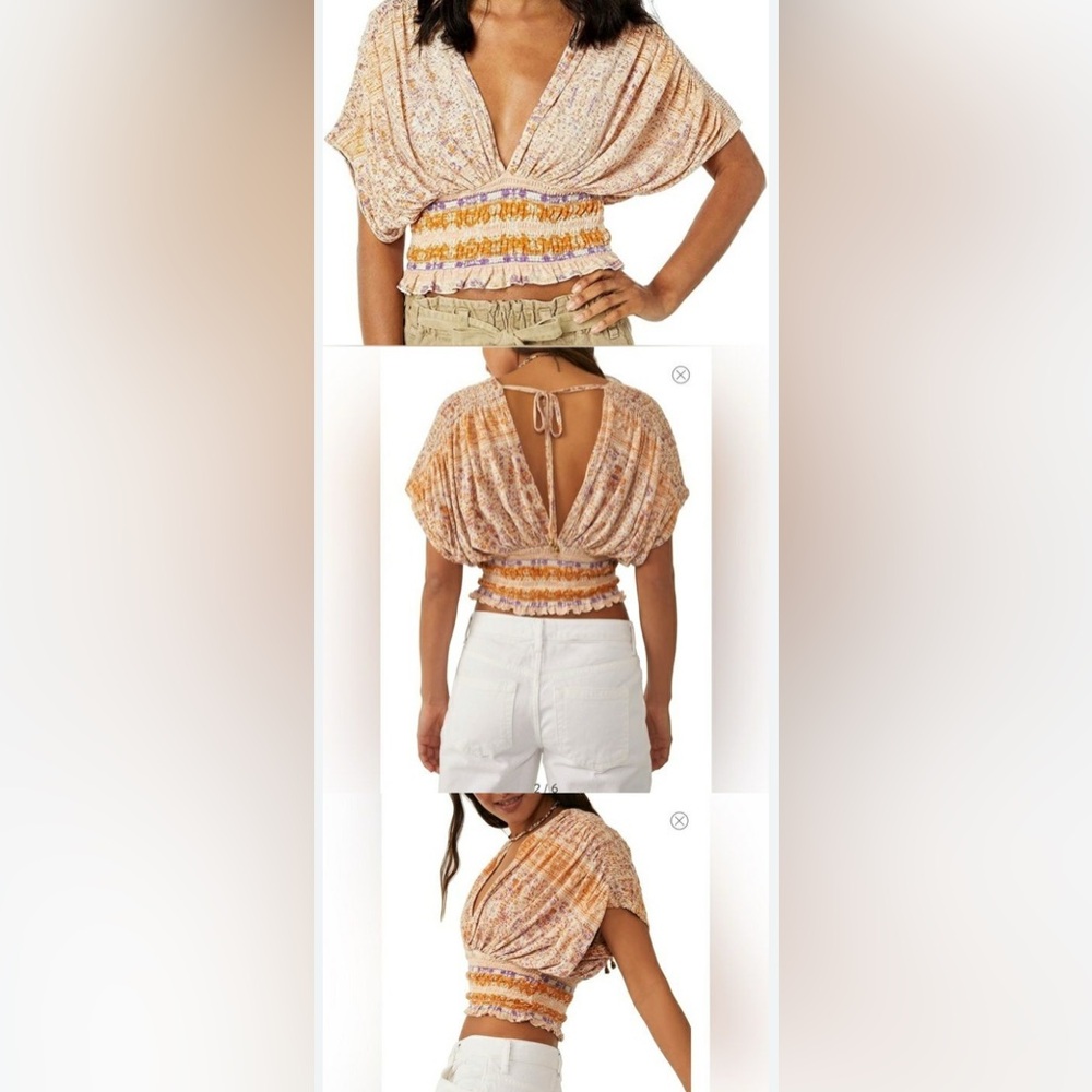 Free People Smocked Elastic V-Neck Blouse In Ivory Combo Size medium NEW